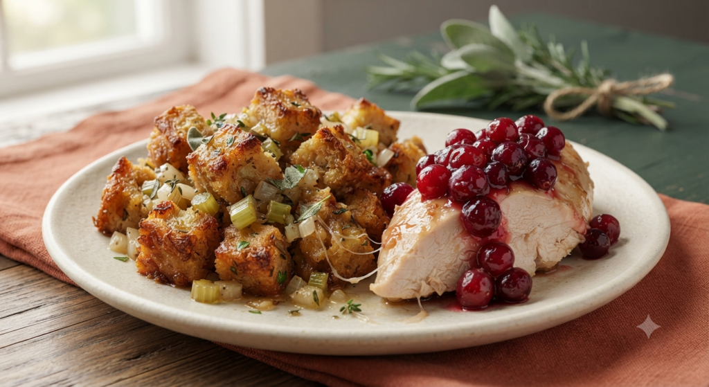 golden-brown herb stuffing cubes soaked in chicken juices
