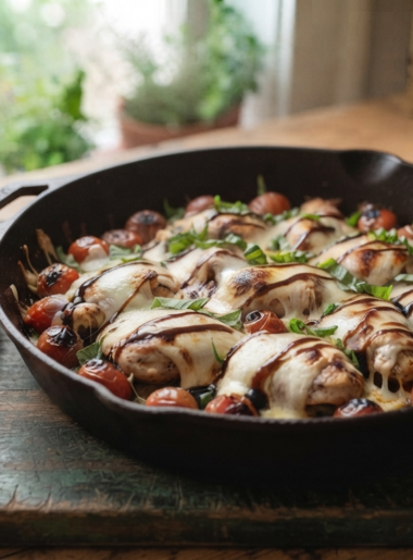 iron skillet filled with Caprese Chicken