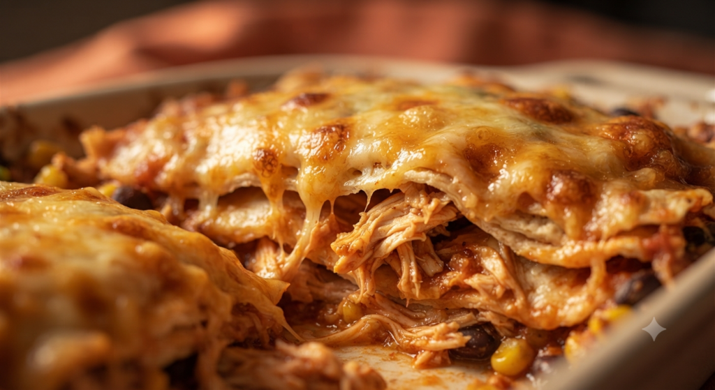 melted cheese, tender tortilla layers