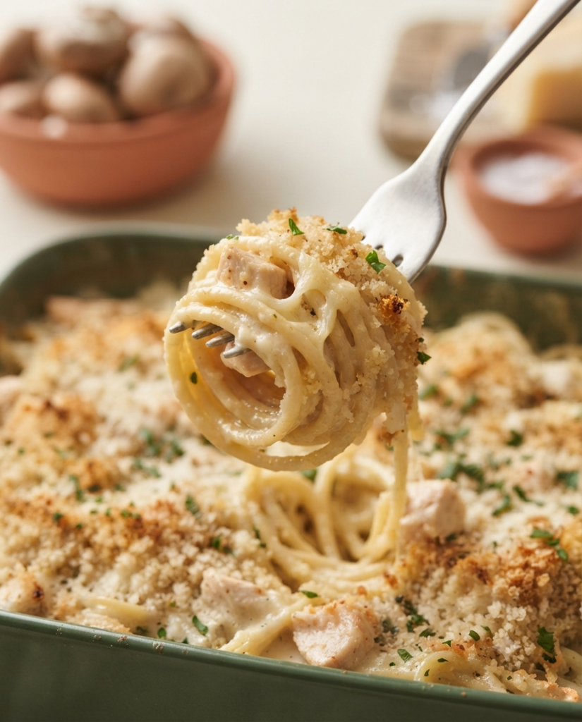 melted parmesan from a Chicken Tetrazzini casserole