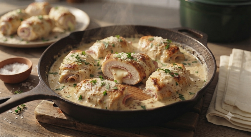 perfectly cooked Skillet Chicken Cordon Bleu