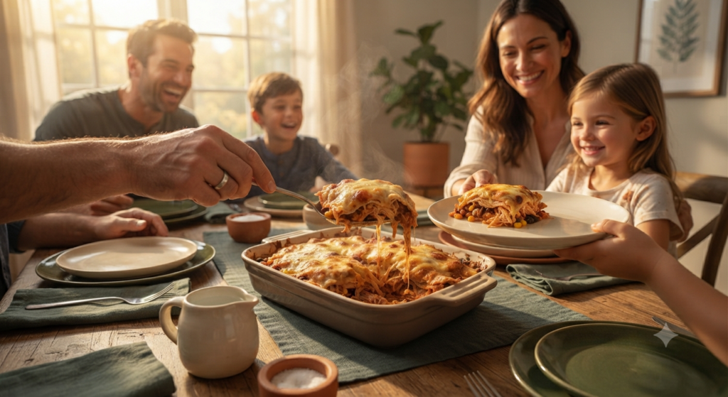serving the warm casserole at a dining table