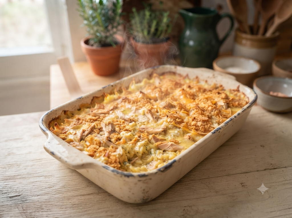 shot of a Cheesy Chicken and Rice Casserole
