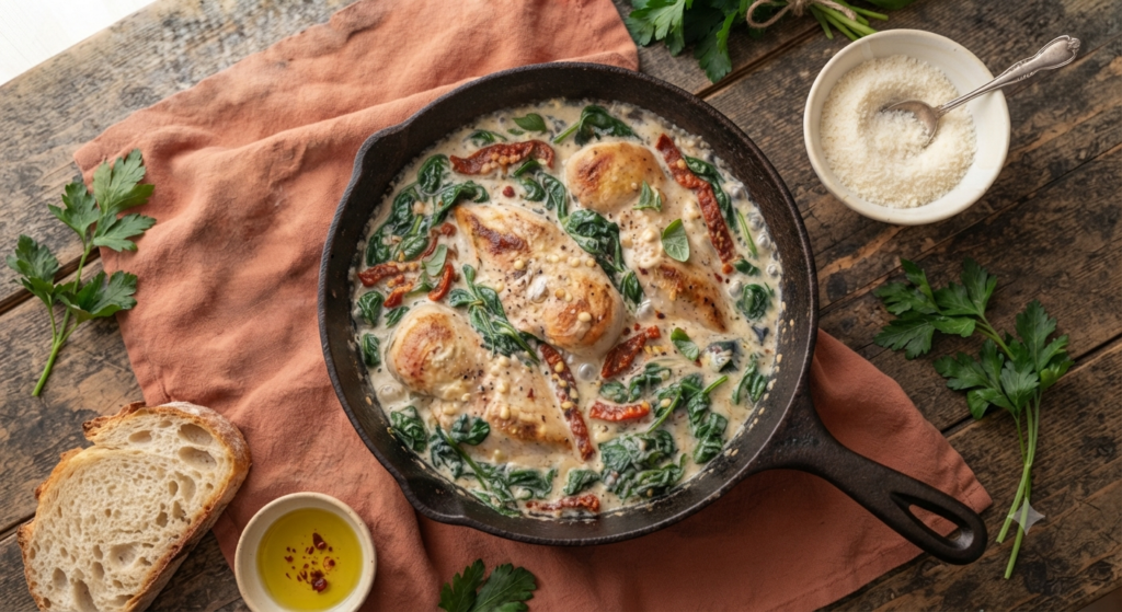 top-down view of the Tuscan chicken skillet
