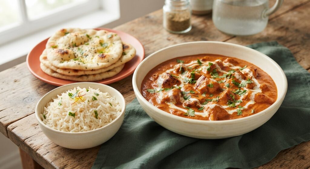 30-minute butter chicken served with basmati rice and naan bread in cream bowl