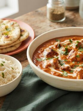 30-minute butter chicken served with basmati rice and naan bread in cream bowl