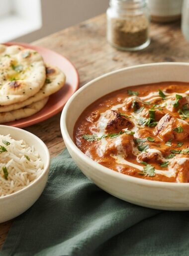 30-minute butter chicken served with basmati rice and naan bread in cream bowl