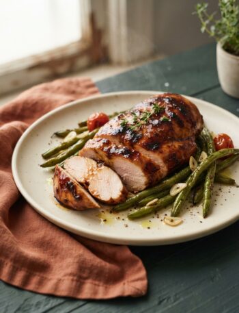 Balsamic glazed baked chicken with green beans hero shot on a cream plate with terracotta napkin