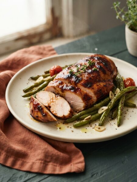 Balsamic glazed baked chicken with green beans hero shot on a cream plate with terracotta napkin