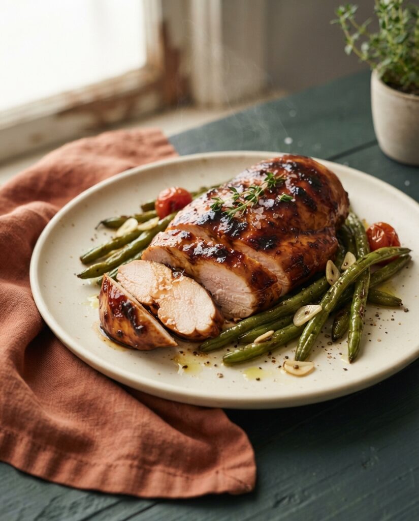Balsamic glazed baked chicken with green beans hero shot on a cream plate with terracotta napkin