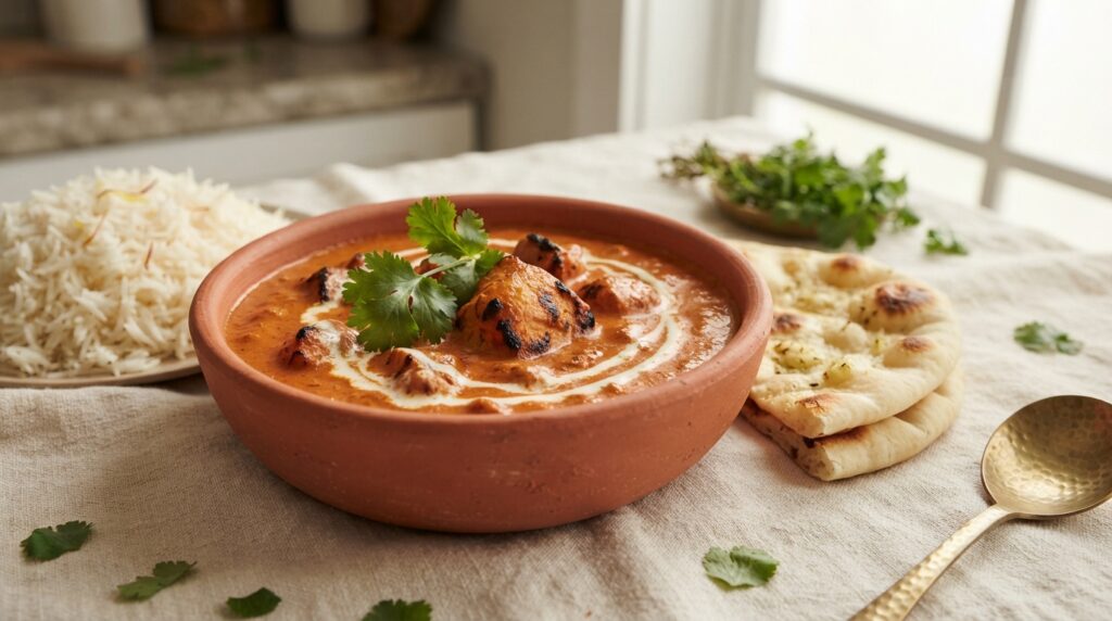 Chicken Tikka Masala in terracotta bowl with rice and naan - easy 45-minute Indian curry recipe