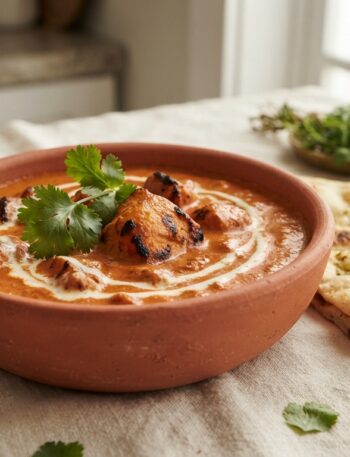 Chicken Tikka Masala in terracotta bowl with rice and naan - easy 45-minute Indian curry recipe