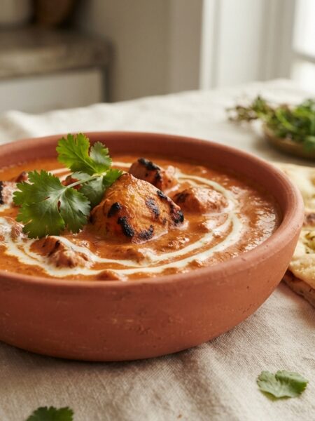 Chicken Tikka Masala in terracotta bowl with rice and naan - easy 45-minute Indian curry recipe