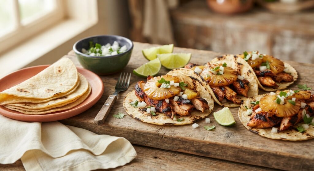 Chicken al pastor street tacos with pineapple, cilantro and onion on rustic wooden board