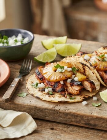 Chicken al pastor street tacos with pineapple, cilantro and onion on rustic wooden board