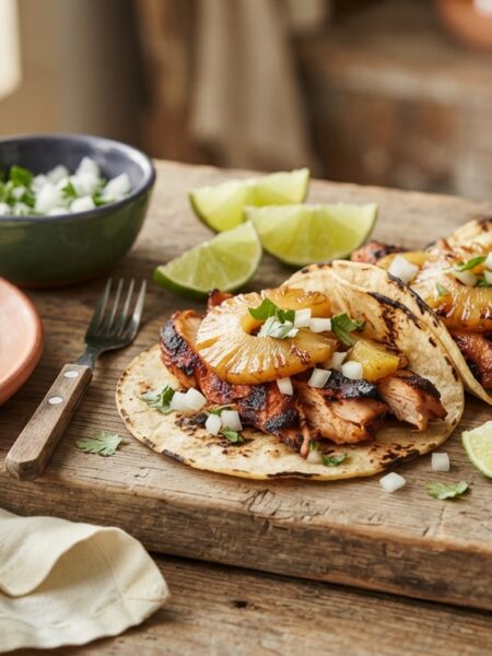 Chicken al pastor street tacos with pineapple, cilantro and onion on rustic wooden board