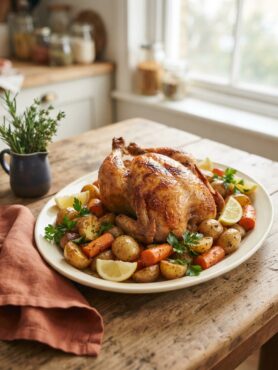 Classic whole roasted chicken with crispy skin served with roasted potatoes and carrots