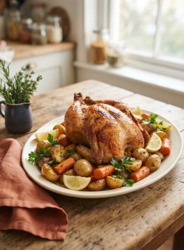 Classic whole roasted chicken with crispy skin served with roasted potatoes and carrots