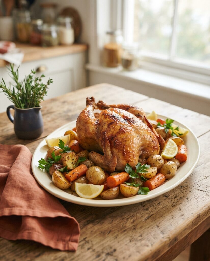 Classic whole roasted chicken with crispy skin served with roasted potatoes and carrots