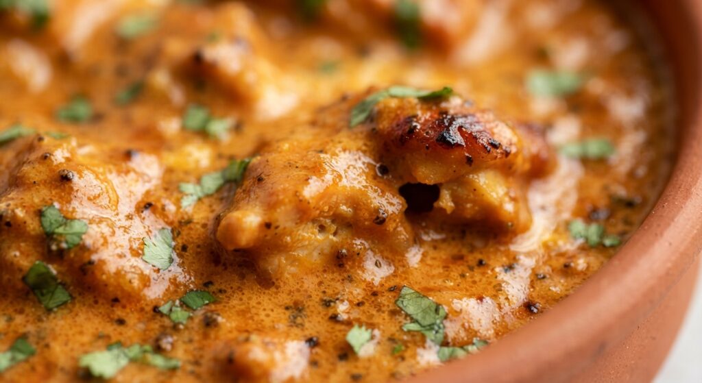 Close-up macro of creamy butter chicken sauce texture with tender chicken