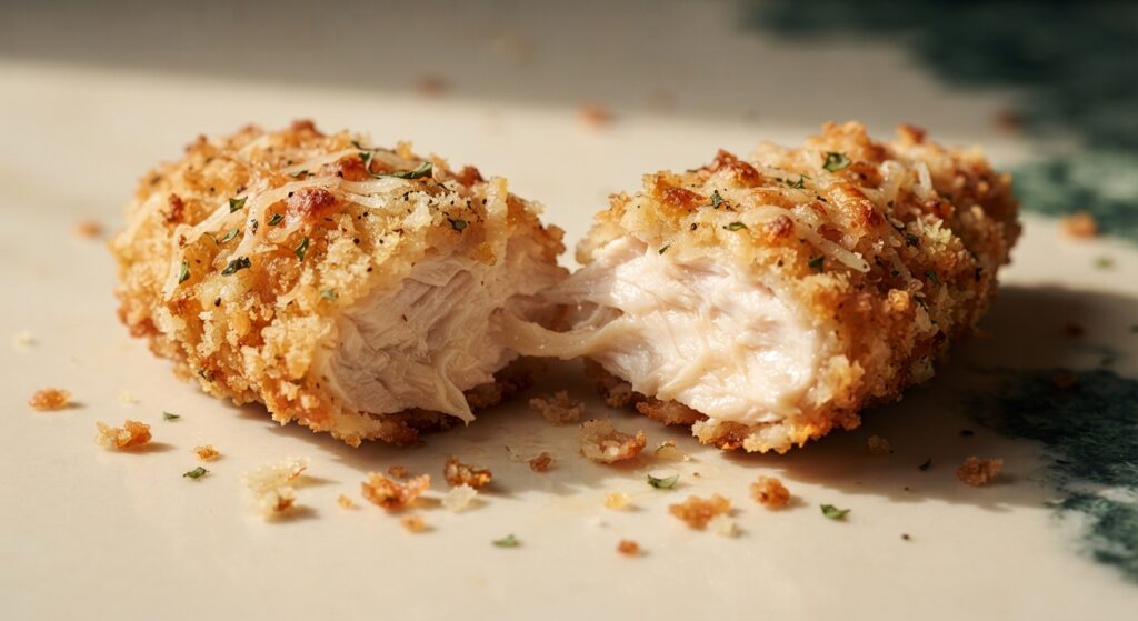 Close-up of a broken parmesan crusted chicken tender showing juicy interior and crispy golden crust