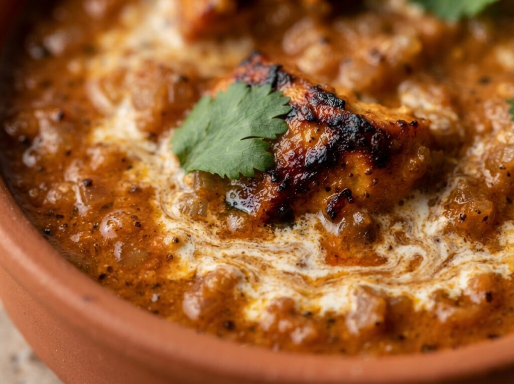 Close-up of creamy Chicken Tikka Masala sauce texture with tender chicken and fresh cilantro