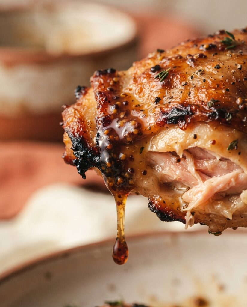 Close-up of crispy caramelized skin and sticky maple Dijon glaze on a roasted chicken thigh