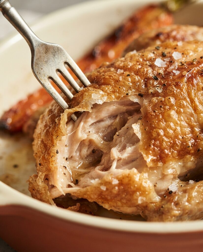 Close-up of crispy roast chicken skin and juicy meat with roasted carrots