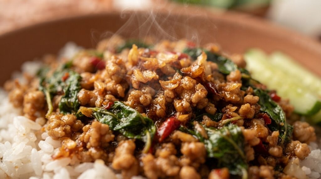 Close-up texture of Thai Basil Chicken stir-fry with glossy sauce and fresh basil