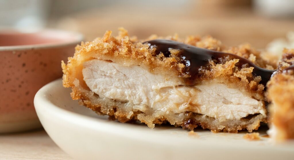 Close-up texture of crispy panko coating and juicy chicken interior in chicken katsu