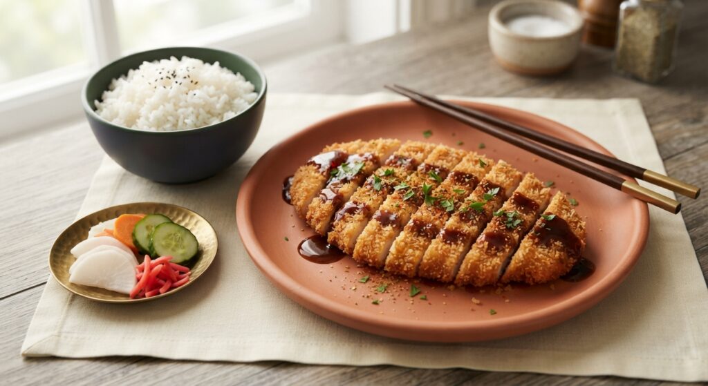 Crispy chicken katsu sliced and plated with homemade tonkatsu sauce, rice and vegetables
