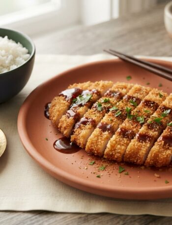 Crispy chicken katsu sliced and plated with homemade tonkatsu sauce, rice and vegetables