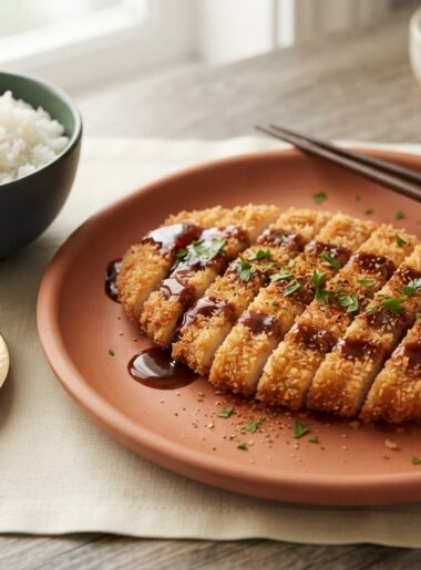 Crispy chicken katsu sliced and plated with homemade tonkatsu sauce, rice and vegetables