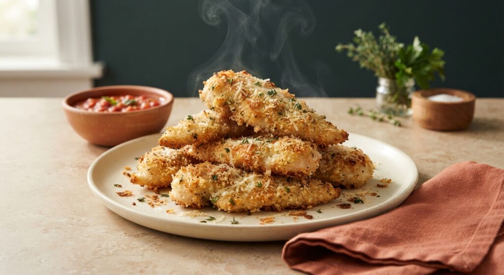 Crispy parmesan crusted baked chicken tenders stacked on a cream plate with marinara dipping sauce