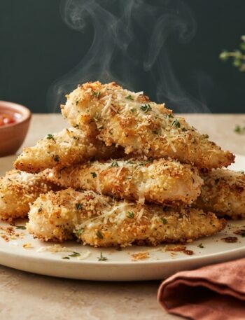 Crispy parmesan crusted baked chicken tenders stacked on a cream plate with marinara dipping sauce