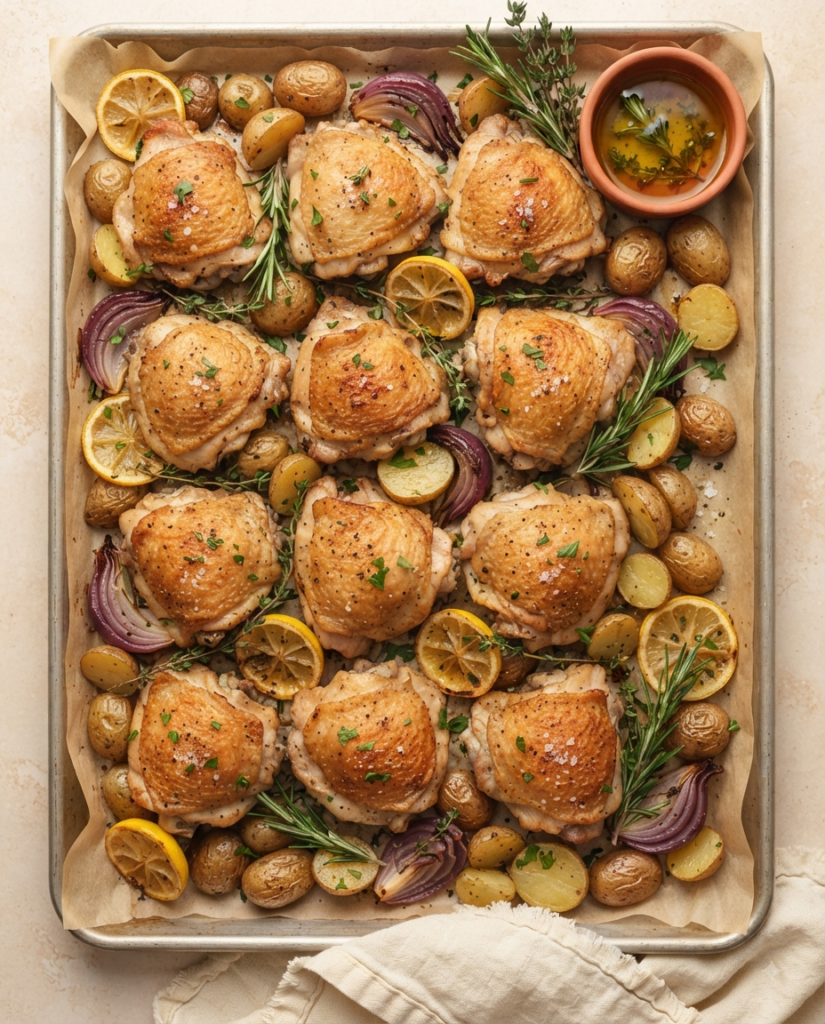 Eight crispy baked chicken thighs arranged in a grid