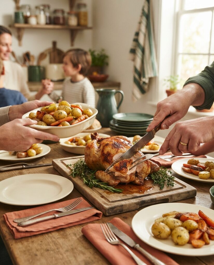 Family carving a whole roasted chicken with potatoes and carrots at a cozy dinner table