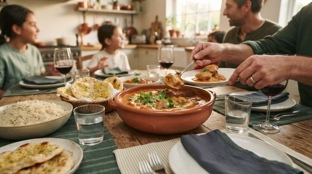 Family enjoying homemade Chicken Tikka Masala dinner together - easy weeknight Indian curry