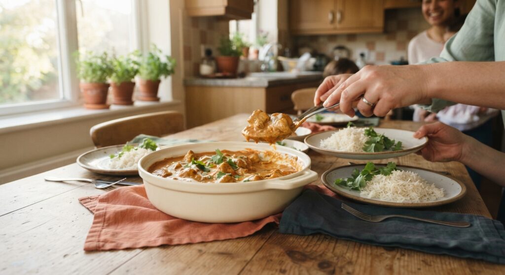 Family serving 30-minute butter chicken dinner at home kitchen table