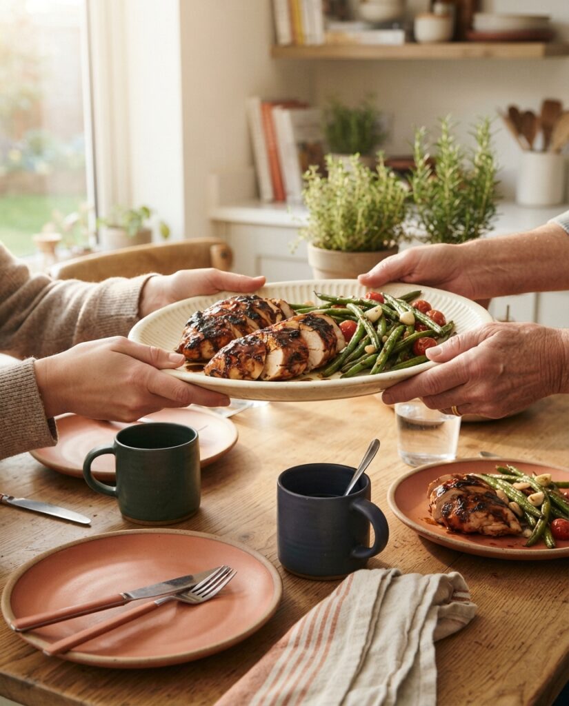 Family serving balsamic glazed baked chicken with green beans at a cozy dinner table with terracotta plates