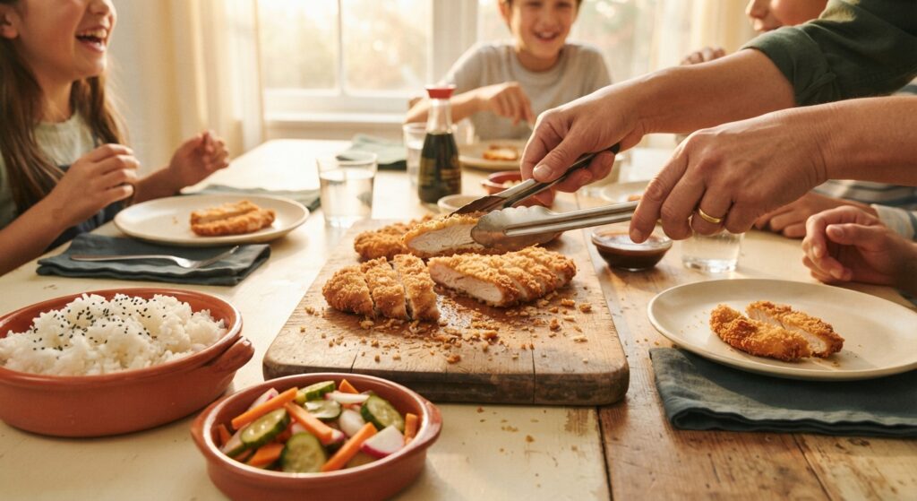 Family serving homemade chicken katsu at dinner table with tonkatsu sauce
