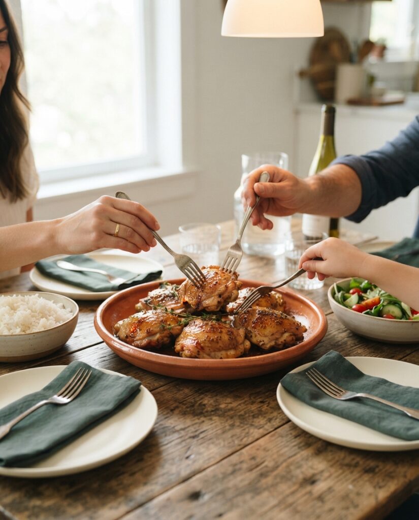 Family serving themselves maple Dijon roasted chicken thighs at a cozy weeknight dinner table