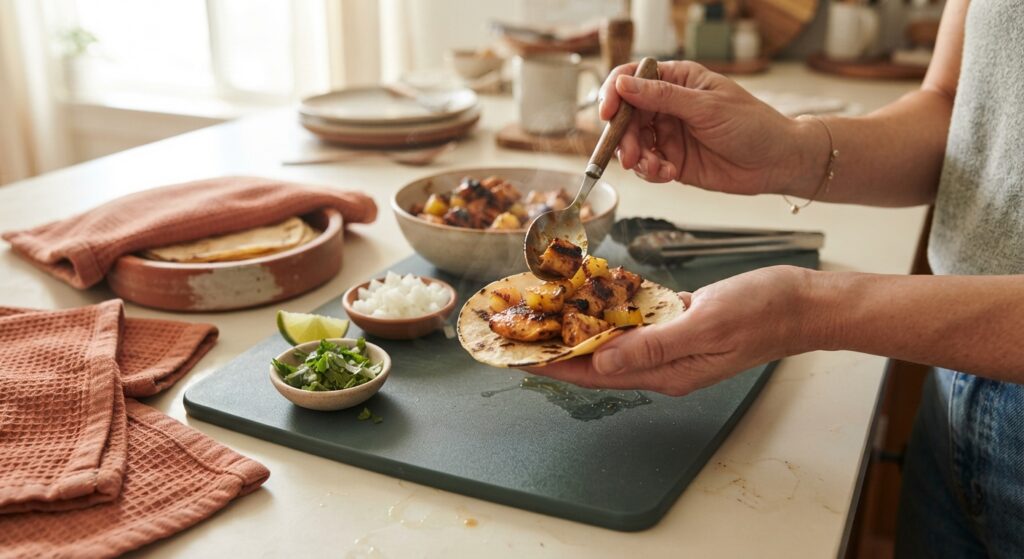 Hands assembling chicken al pastor street taco in bright home kitchen