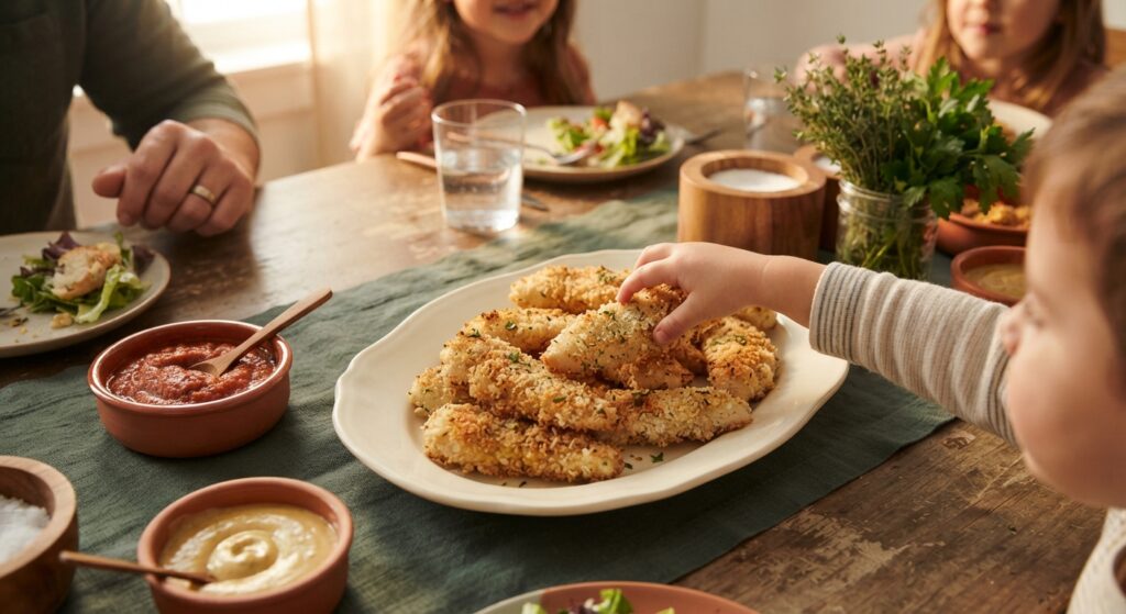 Kid reaching for a crispy parmesan crusted chicken tender at a family dinner table with dipping sauces
