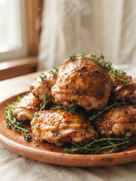 Maple Dijon roasted chicken thighs with crispy glazed skin on a terracotta platter