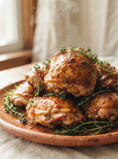 Maple Dijon roasted chicken thighs with crispy glazed skin on a terracotta platter