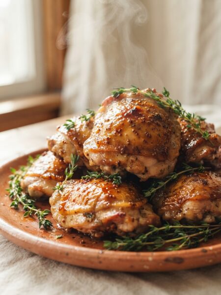 Maple Dijon roasted chicken thighs with crispy glazed skin on a terracotta platter