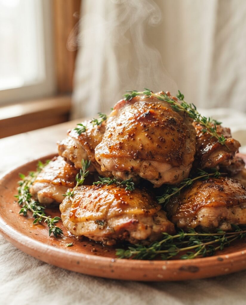 Maple Dijon roasted chicken thighs with crispy glazed skin on a terracotta platter