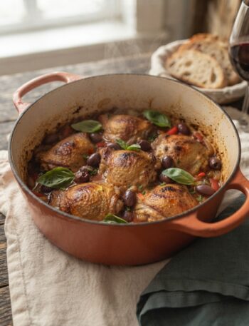 Oven-braised chicken cacciatore with golden thighs, olives, and fresh basil in a terracotta Dutch oven