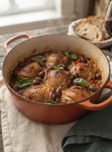 Oven-braised chicken cacciatore with golden thighs, olives, and fresh basil in a terracotta Dutch oven